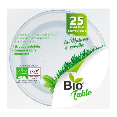 BIO TABLE PIATTI PIANI MONOUSO EXTRA RIGIDI BIODEGRADABILI E COMPOSTABILI - CONFEZIONE DA 25 PEZZI