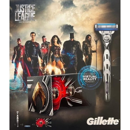 (EDIZIONE LIMITATA) SET GILLETTE MACH 3 TURBO JUSTICE LEAGUE - RASOIO MACH 3 + 3 TESTINE DI RICAMBIO + VISORE DI REALTÀ VIRTUALE