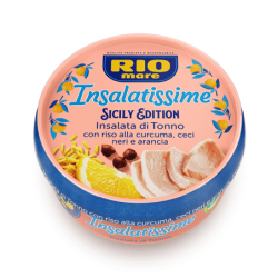 RIO MARE INSALATISSIME SICILY EDITION INSALATA DI TONNO CON RISO ALLA CURCUMA, CECI NERI E ARANCIA 220 GR.