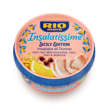 RIO MARE INSALATISSIME SICILY EDITION INSALATA DI TONNO CON RISO ALLA CURCUMA, CECI NERI E ARANCIA 220 GR.