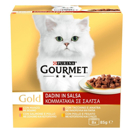 PURINA GOURMET GOLD DADINI IN SALSA CON MANZO, SALMONE E POLLO, TACCHINO E ANATRA E POLLO E FEGATO - 8X85 GR.