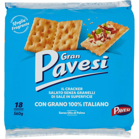 GRAN PAVESI CRACKER SALATI SENZA GRANELLI DI SALE IN SUPERFICIE 18 PORZIONI 560 GR.