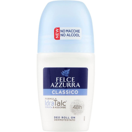 FELCE AZZURRA CLASSICO DEODORANTE ROLL ON CON FORMULA IDRATALC IDRATANTE E ASSORBENTE PROTEZIONE 48H 50 ML.