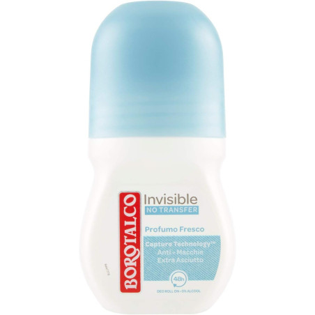 BOROTALCO INVISIBLE PROFUMO FRESCO DEODORANTE ROLL ON ANTI MACCHIE EXTRA ASCIUTTO PROTEZIONE 48H 0% ALCOOL 50 ML.