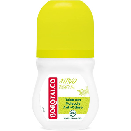 BOROTALCO ATTIVO CEDRO E LIME DEODORANTE ROLL ON CON TALCO CON MOLECOLE ANTIODORE PROTEZIONE 48H 0% ALCOOL 50 ML.