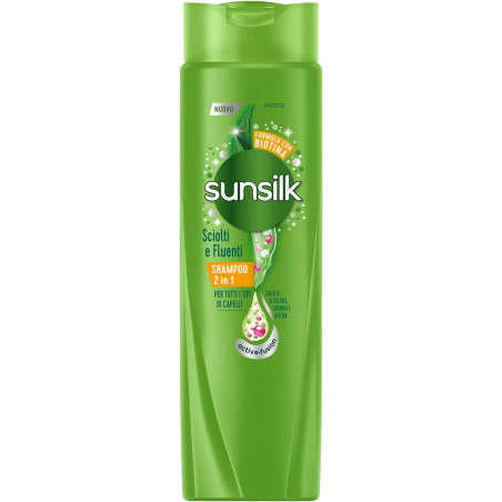 SUNSILK SCIOLTI E FLUENTI SHAMPOO 2IN1 PER TUTTI I TIPI DI CAPELLI CON OLIO DI TEA TREE, ARGININA E BIOTINA 250 ML.