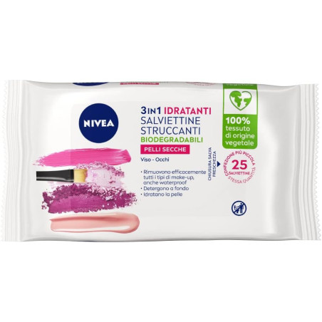 NIVEA 3IN1 IDRATANTI SALVIETTINE STRUCCANTI PER PELLI SECCHE VISO E OCCHI CONFEZIONE DA 25 SALVIETTINE