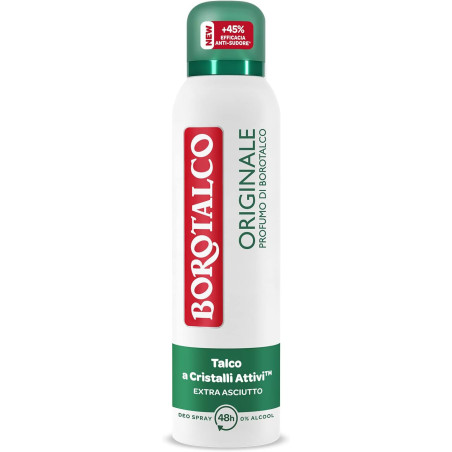 BOROTALCO ORIGINALE DEODORANTE SPRAY CON TALCO A CRISTALLI ATTIVI EXTRA ASCIUTTO PROTEZIONE 48H 0% ALCOOL 150 ML.