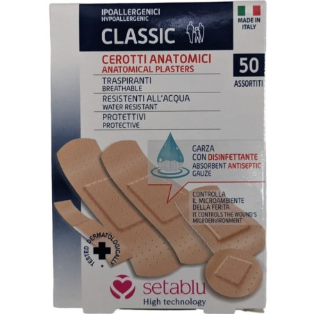 SETABLU CLASSIC CEROTTI ANATOMICI ASSORTITI CON GARZA DISINFETTANTE - CONFEZIONE DA 50 CEROTTI RESISTENTI ALL'ACQUA