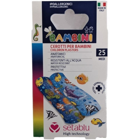 SETABLU CEROTTI PER BAMBINI ANATOMICI, RESISTENTI ALL'ACQUA CON SIMPATICHE FANTASIE - CONFEZIONE DA 25 CEROTTI MEDI 7x2 CM.