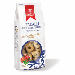 FIORE DI PUGLIA TARALLI GUSTO MEDITERRANEO CON POMODORI, ORIGANO E OLIO EXTRAVERGINE D'OLIVA ITALIANO 250 GR.