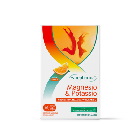 WIREPHARMA MAGNESIO E POTASSIO GUSTO ARANCIA INTEGRATORE ALIMENTARE PER COMBATTERE STANCHEZZA E AFFATICAMENTO 30 STICK 210 GR.