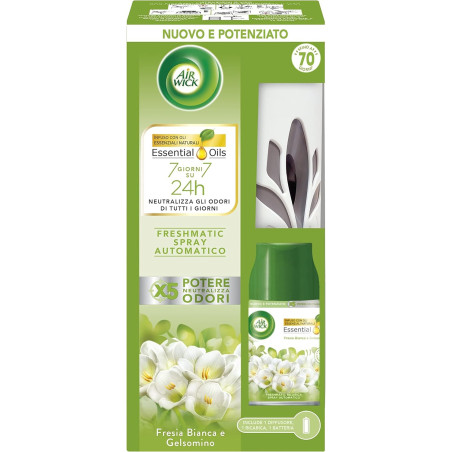 AIR WICK FRESHMATIC RICARICA SPRAY AUTOMATICO COMPLETO PROFUMATORE PER AMBIENTE ALLA FRESIA BIANCA E GELSOMINO 250 ML.