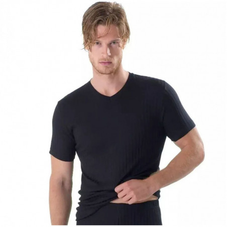 Maglia intima uomo scollo a v filo di scozia scarto ago Gicipi 281 Nero