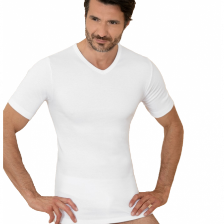 T-shirt uomo manica corta scollo a v in cotone felpato Club88 420007 Bianco